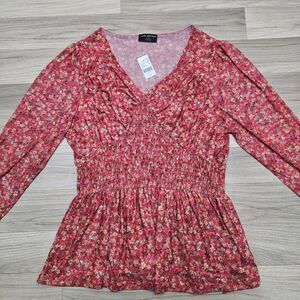 Lane Bryant Womens Red Ditsy Floral Peplum Swing Top Size 14/16 Stretch 3/4...